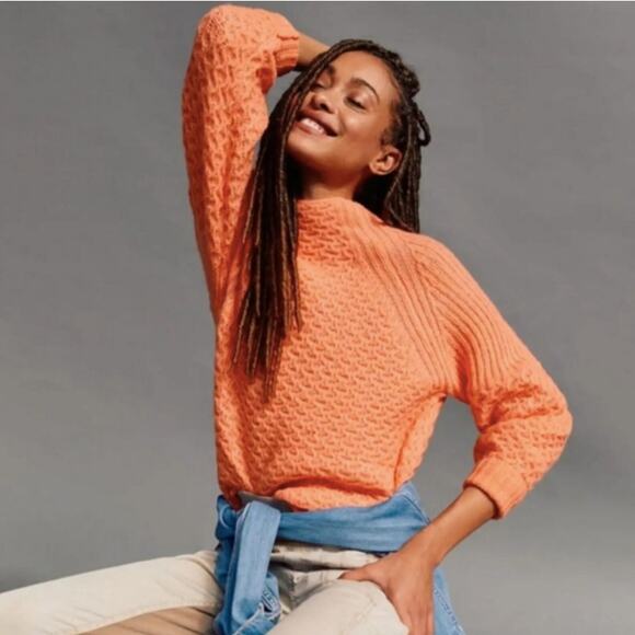 Anthropologie Orange Pullover Bia Mock Neck Tunic Cable Knit Sweater // S - Picture 11 of 12